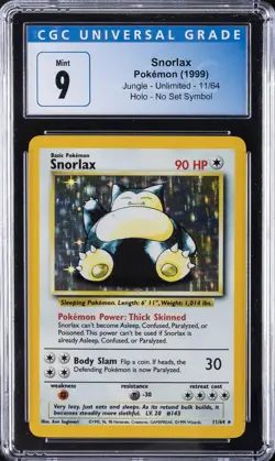 1999 POKEMON JUNGLE - UNLIMITED, HOLO - NO SET SYMBOL #11/64 SNORLAX CGC 9 - Image 1
