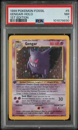 1999 Pokemon Fossil 1st Edition #5 Gengar Holo PSA 7 NM - Image 1