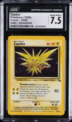 1999 POKEMON FOSSIL, HOLO - CORRECTED #15/62 ZAPDOS CGC 7.5 - Image 1
