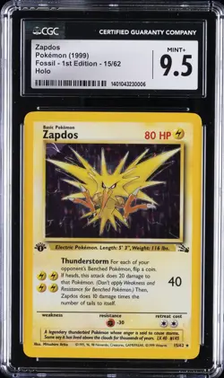 1999 POKEMON FOSSIL - 1ST ED, HOLO #15/62 ZAPDOS CGC 9.5 - Image 1