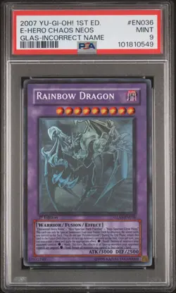 YU-GI-OH ELEMENTAL HERO CHAOS NEOS 1ST MISPRINT RAINBOW DRAGON GLAS-EN036 PSA 9 - Image 1