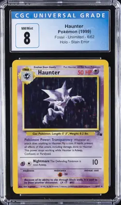1999 POKEMON FOSSIL - UNLIMITED, HOLO - STAIN ERR #6/62 HAUNTER CGC 8 - Image 1