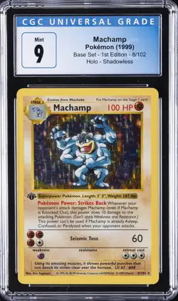 1999 POKEMON BASE SET - 1ST ED, HOLO - SHADOWLESS #8/102 MACHAMP CGC 9 - Image 1