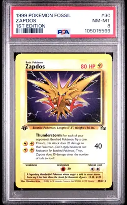 1999 POKEMON FOSSIL 1ST ED #30 ZAPDOS PSA 8 - Image 1