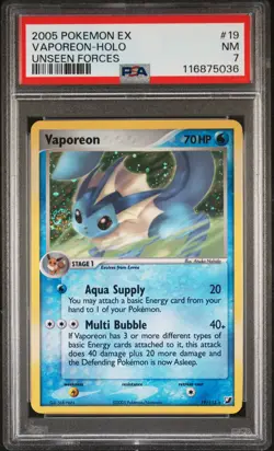 2005 POKEMON EX UNSEEN FORCES #19 VAPOREON-HOLO PSA 7 - Image 1