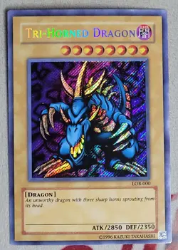 Tri-Horned Dragon LOB-000 Secret Rare Unlimited Edition Yugioh NM - Image 1