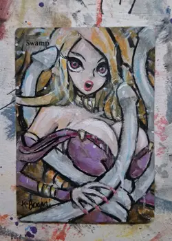 Altered MTG Hand Painted Swamp One Of A Kind Anime Elf Girl - Image 1