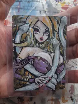 Altered MTG Hand Painted Swamp One Of A Kind Anime Elf Girl - Image 2
