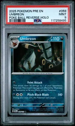 2025 POKEMON PRE EN-PRISMATIC EVOLUTIONS POKEBALL REV HOLO #059 UMBREON PSA 9 - Image 1