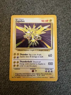 Pokemon Card Unlimited Edition Holo Rare Base Set 1999 Zapdos 16/102 MP - Image 1