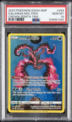 2023 POKEMON SWSH BLACK STAR PROMO CROWN ZENITH TIN #284 GALARIAN MOLTRES PSA 10 - Image 1
