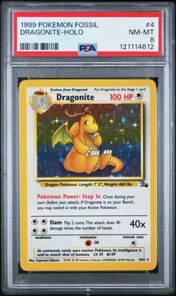 1999 POKEMON FOSSIL #4 DRAGONITE-HOLO PSA 8 - Image 1
