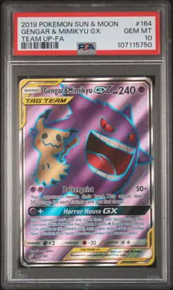 2019 POKEMON SUN & MOON TEAM UP #164 FULL ART/GENGAR & MIMIKYU GX PSA 10 - Image 1