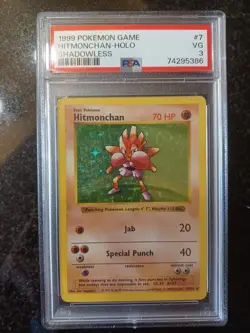 1999 POKEMON GAME 7 HITMONCHAN-HOLO SHADOWLESS PSA 3 - Image 1