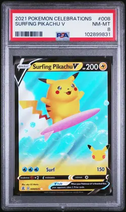 2021 POKEMON CELEBRATIONS #008 SURFING PIKACHU V PSA 8 - Image 1