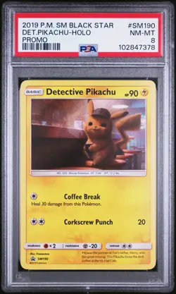 2019 POKEMON SM BLACK STAR PROMO #SM190 DETECTIVE PIKACHU-HOLO PSA 8 - Image 1