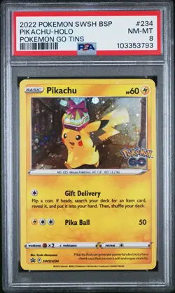 2022 POKEMON SWSH BLACK STAR PROMO POKEMON GO TINS #234 PIKACHU-HOLO PSA 8 - Image 1