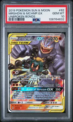 2019 POKEMON SUN & MOON UNBROKEN BONDS #82 MARSHADOW & MACHAMP GX PSA 10 - Image 1