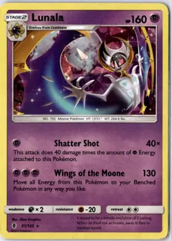 Lunala 61/145 Rare Holo Pokemon Card Guardians Rising HP - Image 1