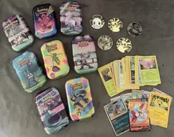 1x Pokemon TCG Mini Tin Lot Of 50+ Cards w/ Coin & 1 Full Art Card No Dupes READ - Image 1