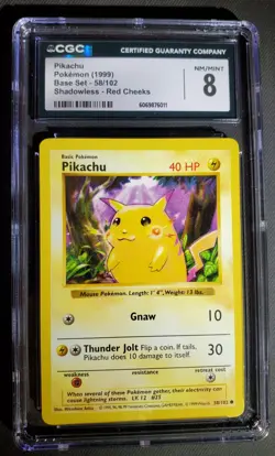 Pokemon Pikachu Card Red Cheek Shadowless Unlimited 58/102 Base Set CGC 8 NM/MT - Image 1