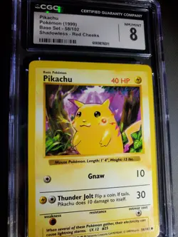 Pokemon Pikachu Card Red Cheek Shadowless Unlimited 58/102 Base Set CGC 8 NM/MT - Image 3