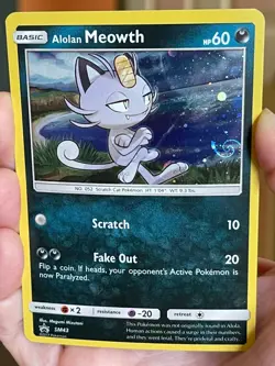 POKEMON ALOLAN MEOWTH PROMO BLACK STAR SM43 COSMOS HOLO HD WITH SWIRL NM CARD @@ - Image 1