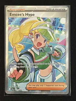 Pokemon TCG Destined Rivals Emcee's Hype Ultra Rare Holo Card 220/182 - Image 1