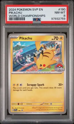 2024 POKEMON SVP EN-SV BLACK STAR PROMO WORLD CHAMPIONSHIPS #190 PIKACHU PSA 8 - Image 1