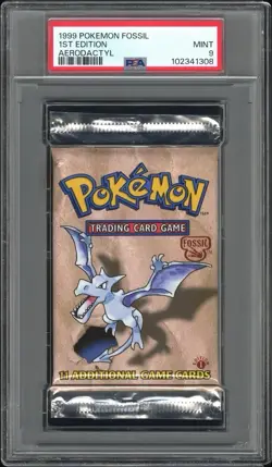 1999 Pokemon 1st Edition Fossil Aerodactyl PSA 9 Foil Booster Pack MINT! - Image 1