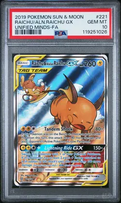 2019 POKEMON SUN & MOON UNIFIED MINDS FULL ART/RAICHU & ALOLAN RAICHU GX PSA 10 - Image 1