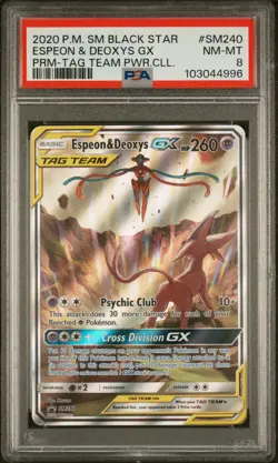 2020 POKEMON SM BLACK STAR PROMO TAG TEAM POWERS COLL ESPEON & DEOXYS GX PSA 8 - Image 1
