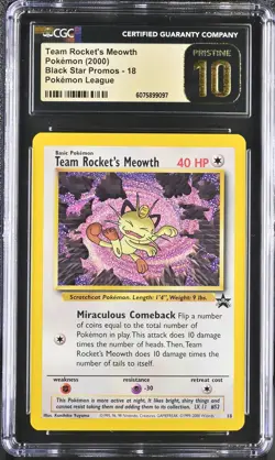 CGC 10 PRISTINE Team Rocket's Meowth 2000 Black Star Promo 18 Pokemon Card - Image 1