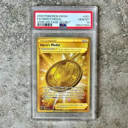 PSA 10 HERO'S MEDAL #201 - Vivid Voltage 2020 SWSH Full Art Gold Pokemon Card! - Image 1