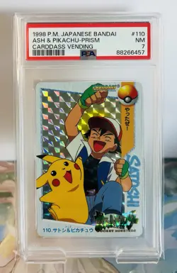 Ash & Pikachu PRISM Bandai Carddass Anime Japanese Pokemon (1998) - PSA 7 - Image 1