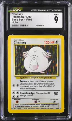 CGC 9 MINT Chansey 1999 Base 3/102 Holo Pokemon Card psa - Image 1