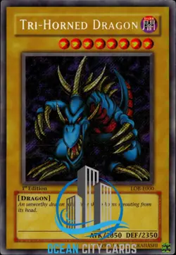 Yugioh Tri-Horned Dragon LOB-E000 1st Edition MP - Image 1