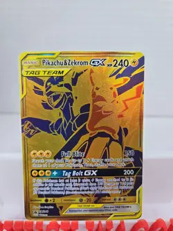 Pokemon Pikachu and Zekrom GX Tag Team Gold Full Art Promo Card SM248 Near Mint - Image 1