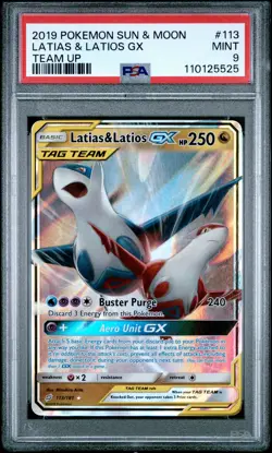 2019 POKEMON SUN & MOON TEAM UP #113 LATIAS & LATIOS GX PSA 9 - Image 1