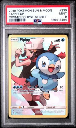 2019 POKEMON SUN & MOON COSMIC ECLIPSE SECRET #239 FULL ART/PIPLUP PSA 9 - Image 1