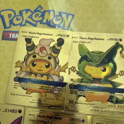 Set of 7 cosplay pikachu Pokemon Pikachu gold foil Fan Art Cards - Image 2