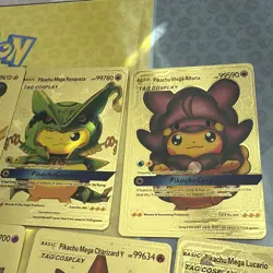 Set of 7 cosplay pikachu Pokemon Pikachu gold foil Fan Art Cards - Image 3