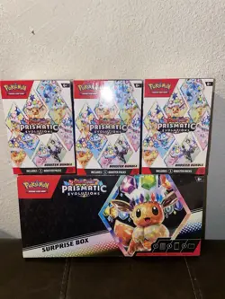 Pokemon TCG: Prismatic Evolutions Factory Sealed Surprise Box +3 Booster Bundles - Image 1