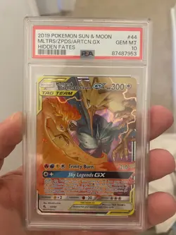2019 Pokemon Sun & Moon Moltres Zapdos Articuno GX Hidden Fates 44/68 PSA 10 - Image 1
