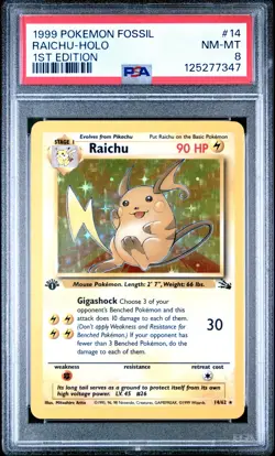 1999 POKEMON FOSSIL 1ST ED #14 RAICHU-HOLO PSA 8 - Image 1