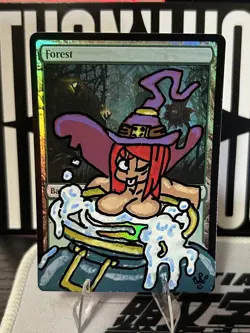 Altered/Hand Painted Art MTG Card - Anime girl - Witch Holo Forest Land - Image 1