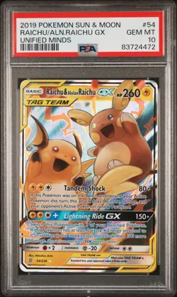 2019 POKEMON SUN & MOON UNIFIED MINDS #54 RAICHU & ALOLAN RAICHU GX PSA 10 - Image 1
