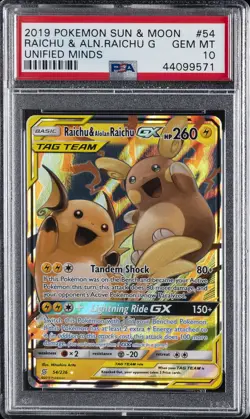 2019 POKEMON SUN & MOON UNIFIED MINDS #54 RAICHU & ALOLAN RAICHU GX PSA 10 - Image 1