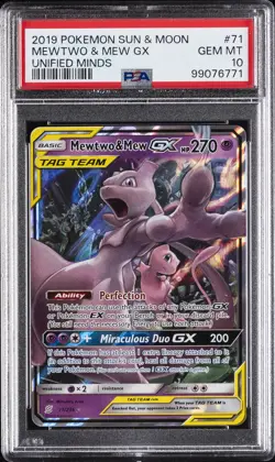 2019 POKEMON SUN & MOON UNIFIED MINDS #71 MEWTWO & MEW GX PSA 10 - Image 1