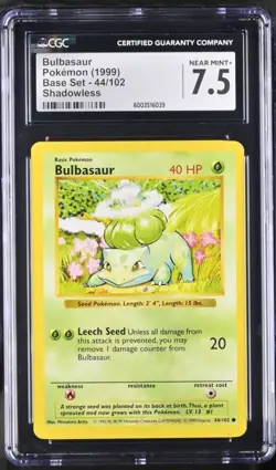 Bulbasaur Pokemon (1999) Base Set Shadowless #44/102 CGC 7.5 NEAR MINT+ - Image 1